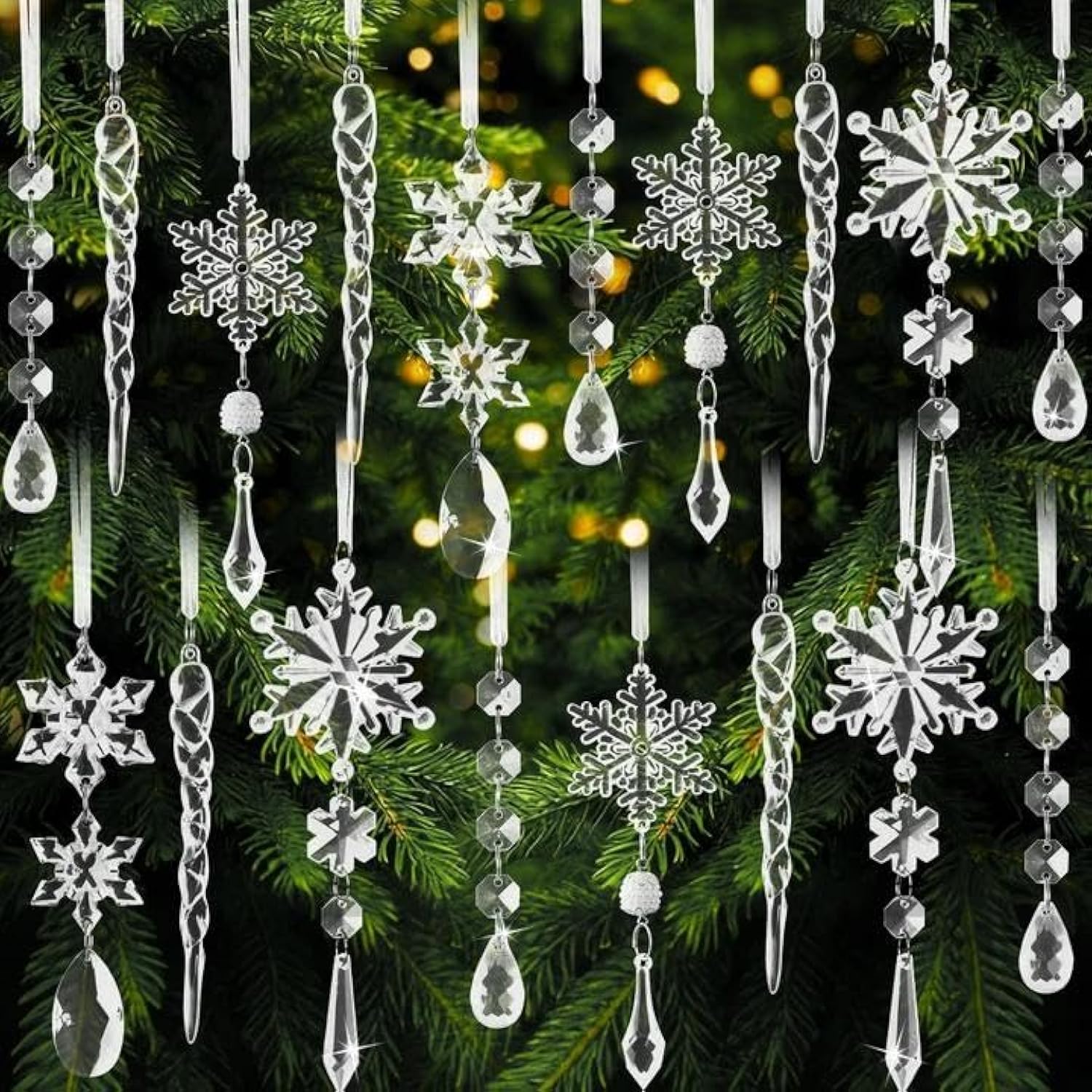18-Piece Acrylic Christmas Tree Ornaments Ready to Hang Snowflake Decorations