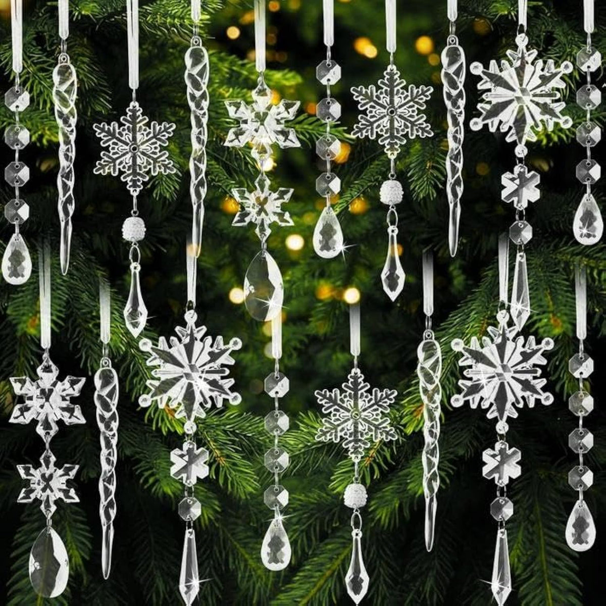 18-Piece Acrylic Christmas Tree Ornaments Ready to Hang Snowflake Decorations