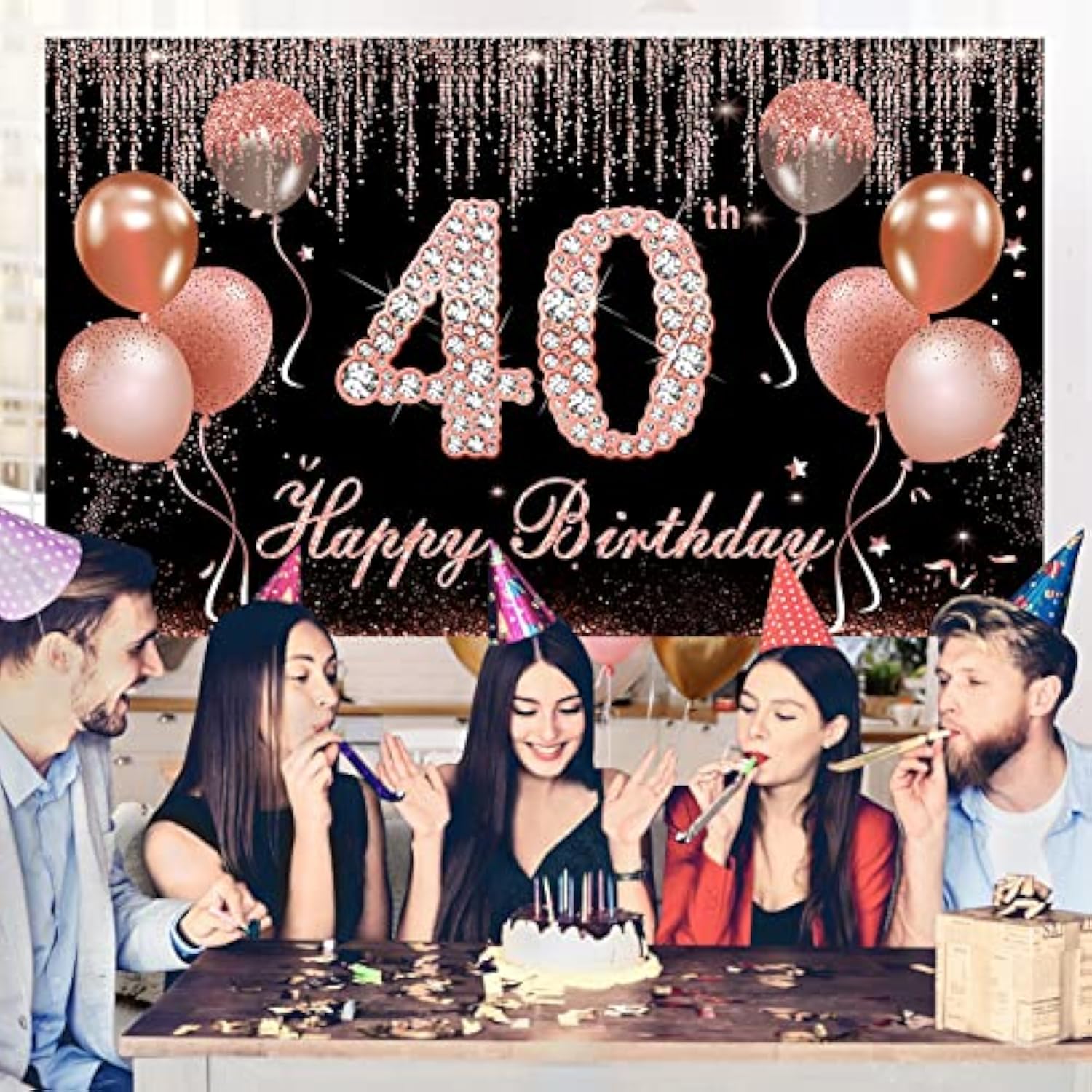 40Th Birthday Banner Decorations With Confetti Balloon Arch Garland, Rose Gold And Black Happy 40 Birthday Backdrop Balloon Kit Party Supplies For Women, Forty Year Old Bday Background Sign Decor