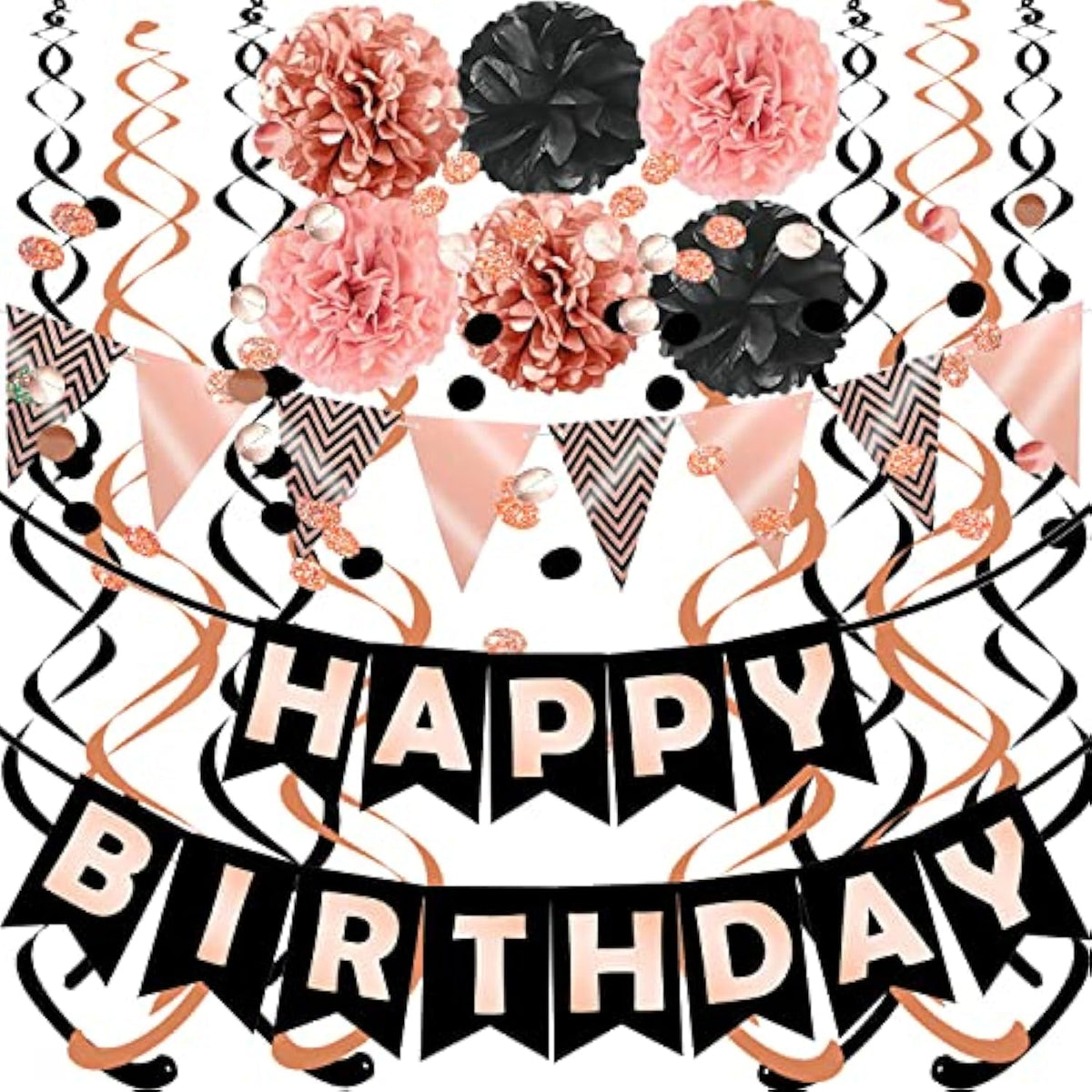 Rose Gold Black Theme Happy Birthday Banner Flag Bunting Paper Circle Confetti Garland Swirl Streamers Honeycomb Ball For Birthday Party Decoration