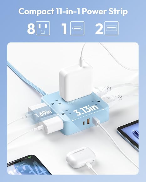 5 FT Blue Extension Cord Power Strip with 8 Outlets and 3 USB Ports for Home Office