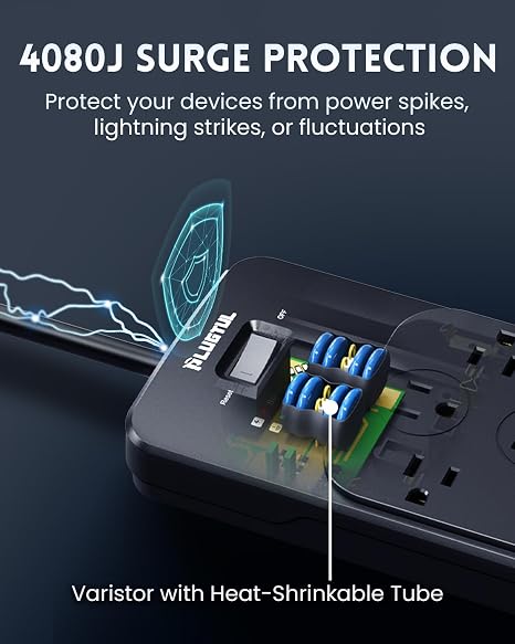 12 Outlet Surge Protector Power Strip 5FT Flat Plug 4080J 20W USB C Charging Black