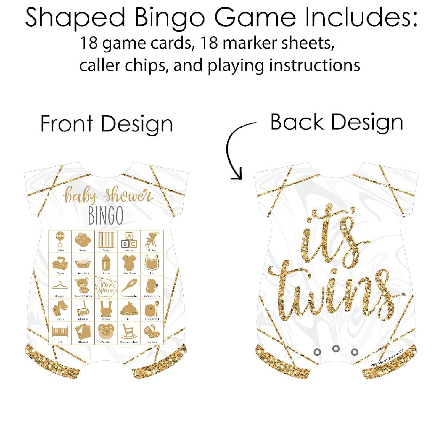 Big Dot of Happiness It’s Twins - Picture Bingo Cards and Markers - Gold Twins Baby Shower Shaped Bingo Game - Set of 18