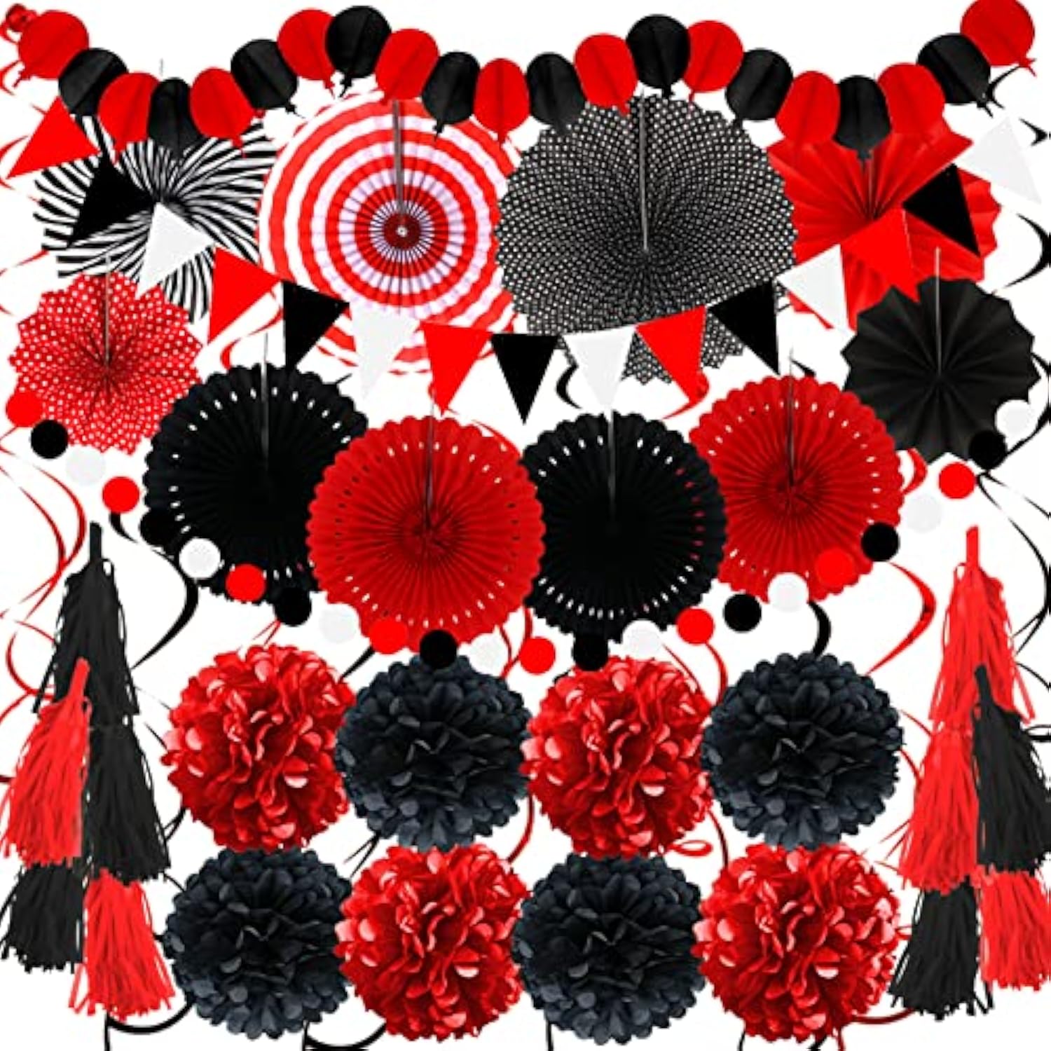 Party Decorations, 41 Pcs Black And Red Papar Fans Pompoms Garlands String Tissue Paper Tassel For Graduation Bridal Baby Shower Wedding Boy Girl Birthday Party