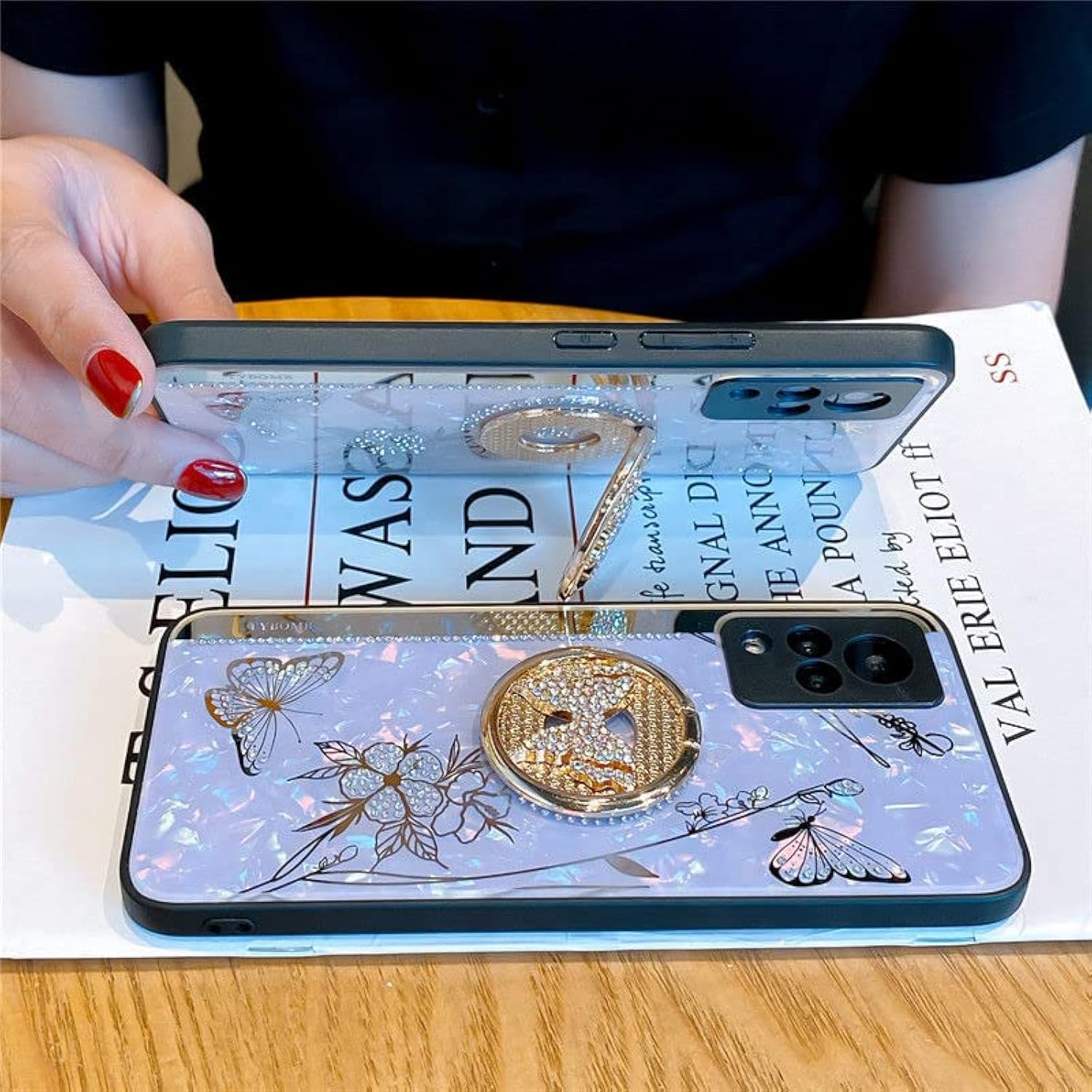 Topwin Galaxy A13 5G Kickstand Case, Cute Marble Conch Shell Floral Butterfly with Ring Stand Mirror Elegant Shockproof Protective Cover for Girls Women for Samsung A13 5G (Rose Gold)