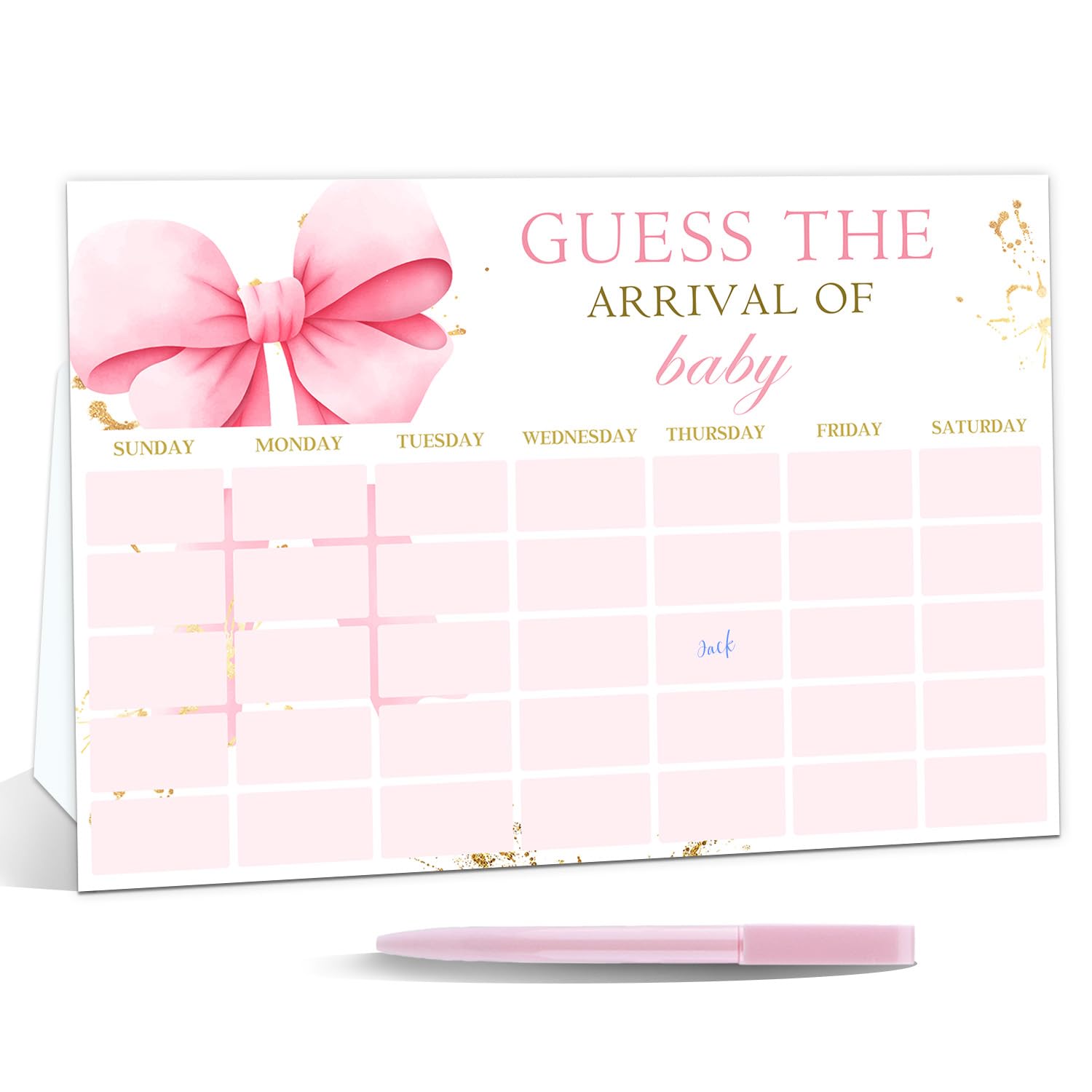 Pink Bow Baby Shower Decorations, Bow Themed Party Decorations, Baby Shower Activities For Guests, Guess The Due Date Of Games With 1 Pink Pen, Guess The Arrival Of Calendar