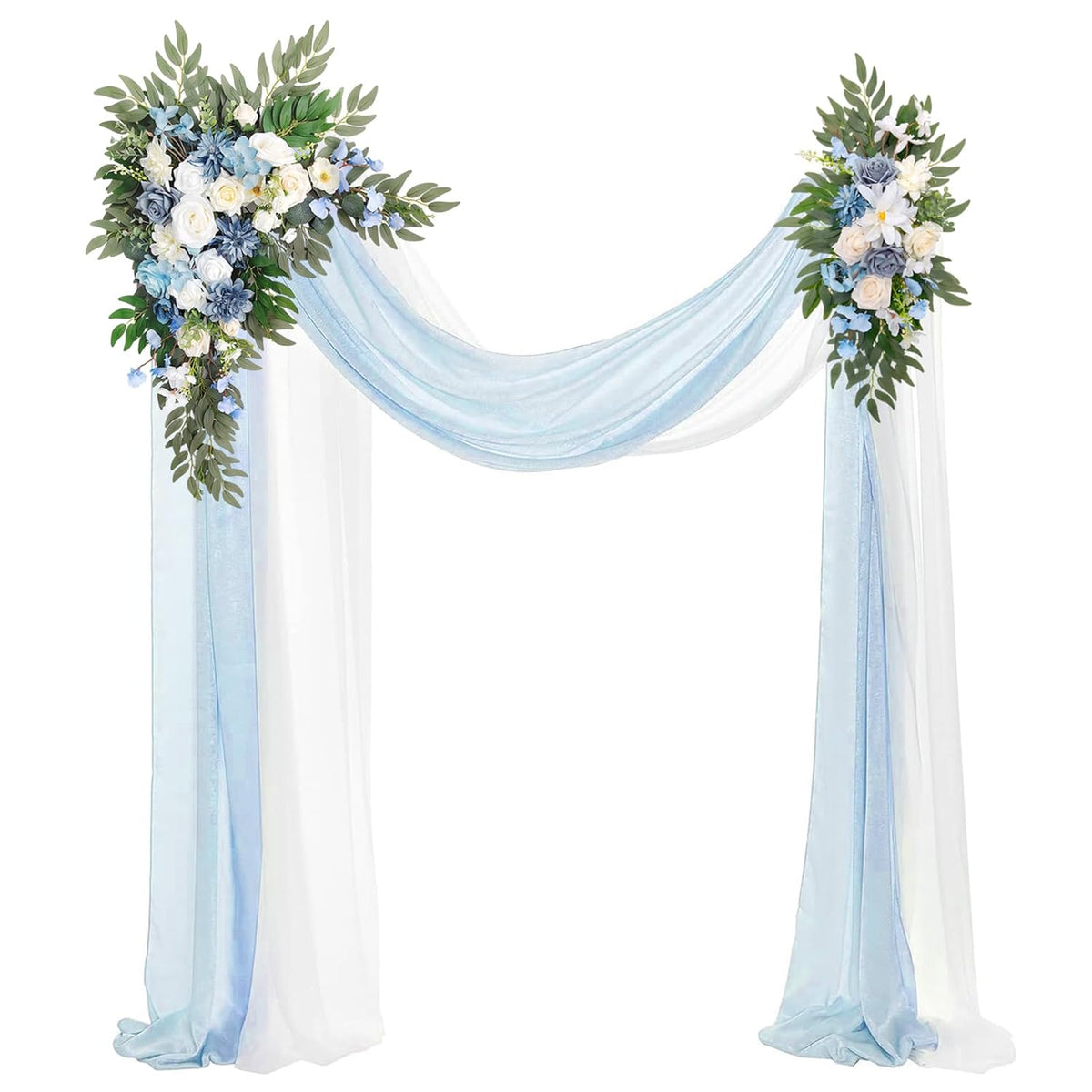 Wedding Arch Flowers With Drapes Kit (Pack Of 4), 2Pcs Artificial Flower Arrangement With Draping Fabric Light Blue Floral Swag For Wedding Ceremony Arbor And Reception Backdrop Decoration