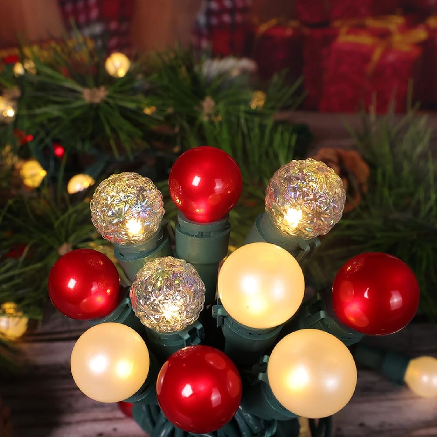 Christmas Lights Pearlized Glass Globe Lights Set - 70 G15 Red & Warm-White Led Bulbs - Indoor Outdoor - 19 Feet Pearl B