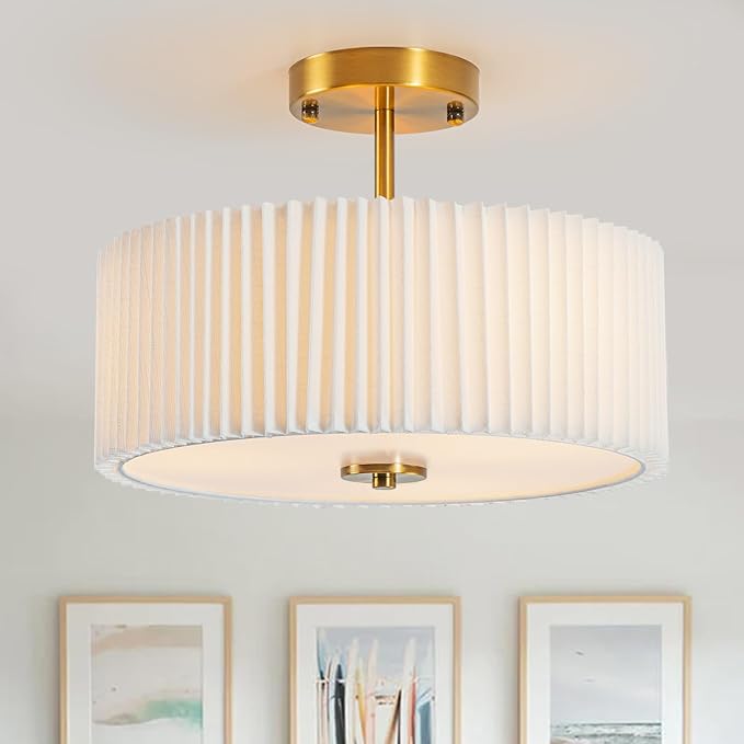 12.5 Inch Gold Drum Ceiling Light Cream White Pleated Fabric Semi Flush Mount Fixture