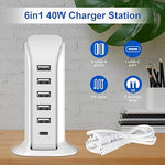 40W Charging Station, 5-Port USB Hub with Type-C for iPhone, iPad