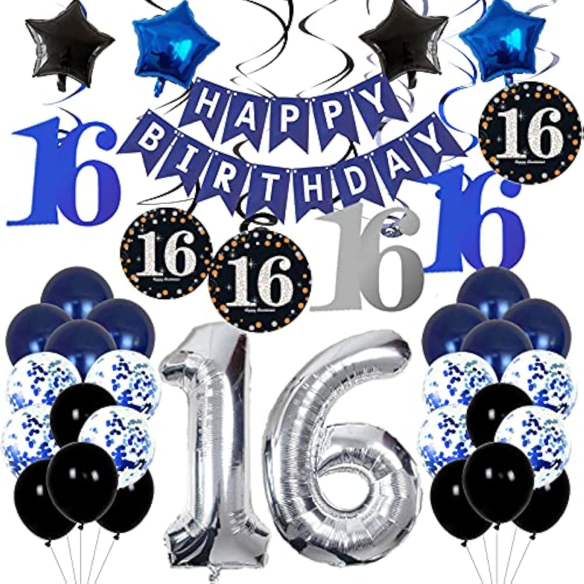 16Th Birthday Decorations For Boys And Girls Dark Blue, Happy Birthday Banner Silver Number 16 Balloons, Deep Blue Theme Party For Him - 16 Years Old Birthday Party Supplies Kit For Her
