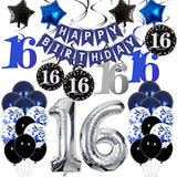 16Th Birthday Decorations For Boys And Girls Dark Blue, Happy Birthday Banner Silver Number 16 Balloons, Deep Blue Theme Party For Him - 16 Years Old Birthday Party Supplies Kit For Her