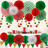 Christmas Party Decorations Paper Fans,Garlands String Circle Dot,Triangle Bunting Flags, Honeycomb Ball,Paper Tissue Pom Poms,Party Supplies For Christmas Birthday Wedding Baby Shower
