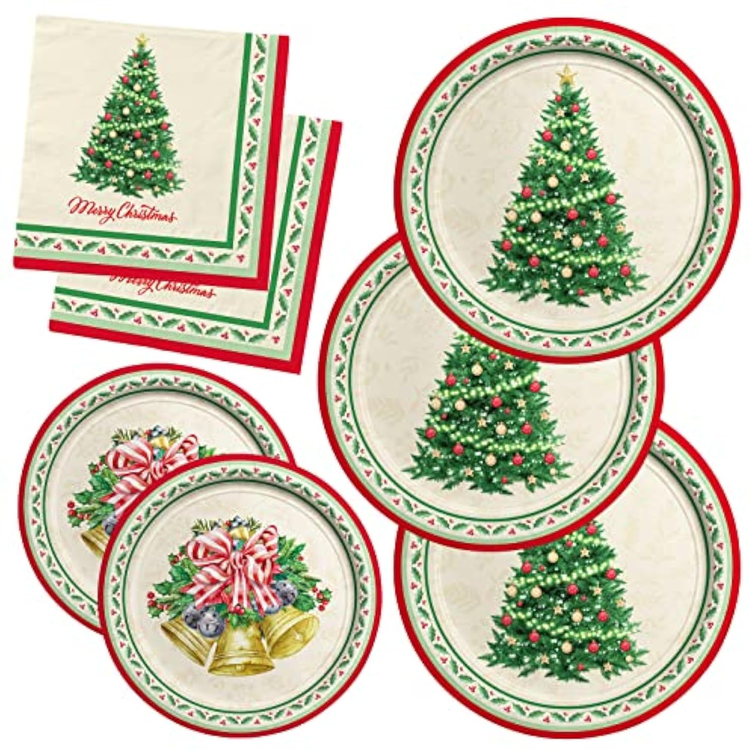 Christmas Party Supplies Kit, Serve 50, Christmas Tree Disposable Dinnerware Includes: Paper Dinner Plates, Dessert Plates, And Napkins, Great For Merry Christmas Party Decorations