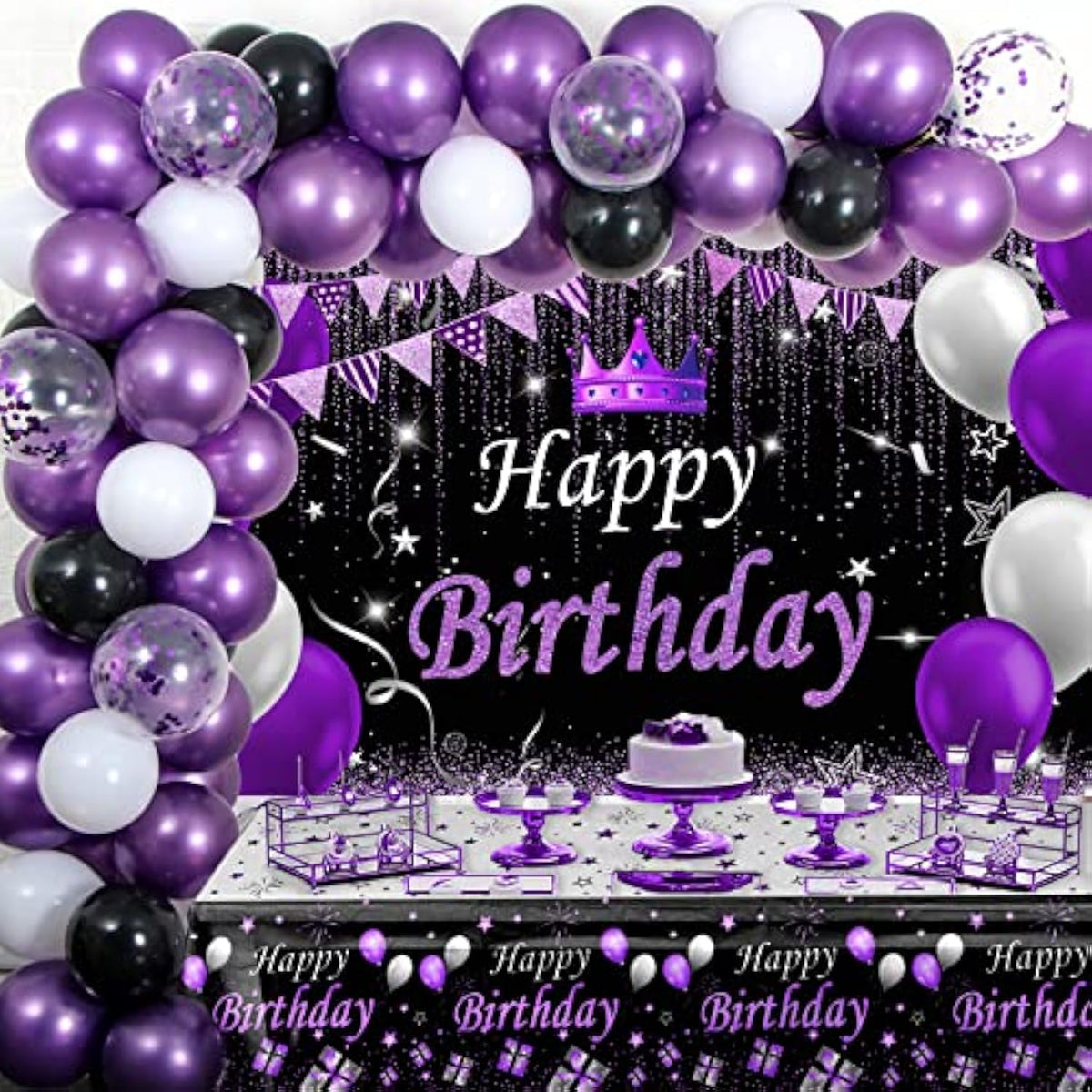 Purple And Black Party Decorations For Women, Purple Birthday Decorations For Girls Men With Purple Black Happy Birthday Backdrop Tablecloth Confetti Balloons Arch, Purple Party Supplies
