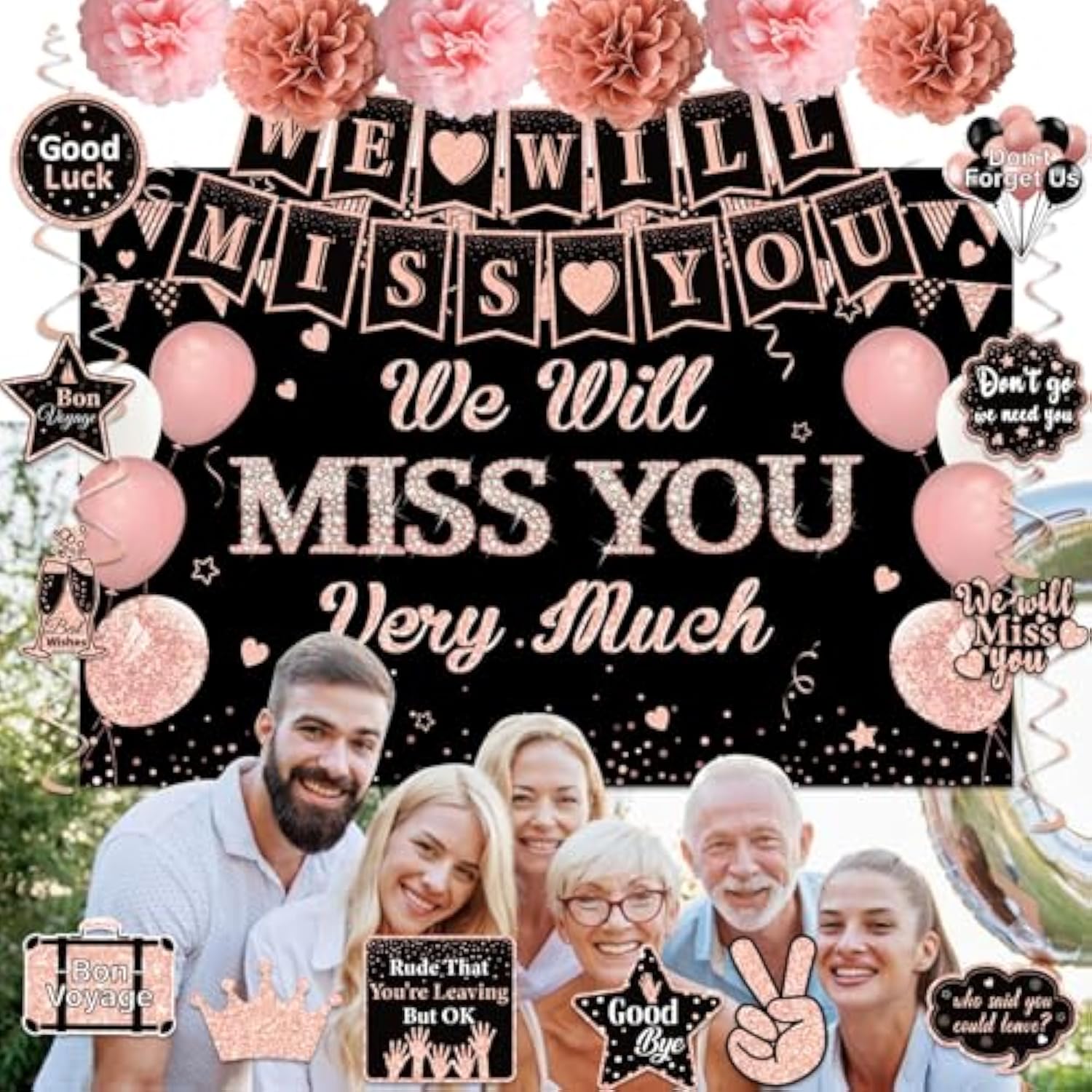 We Will Miss You Party Decorations For Women, Rose Gold 41Pcs Going Away Party Decorations Supplies - Banner Hanging Swirls Decorations Stickers Pompoms, Great For Retirement Job Change Farewell Party