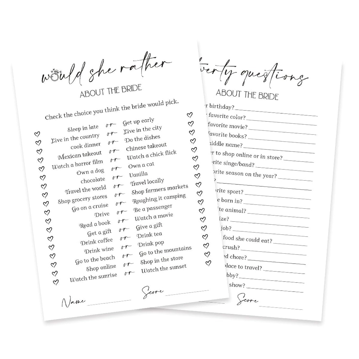 Minimalism Bridal Shower Game Cards - Would She Rather & Twenty Questions About The Bride For 50 Guests
