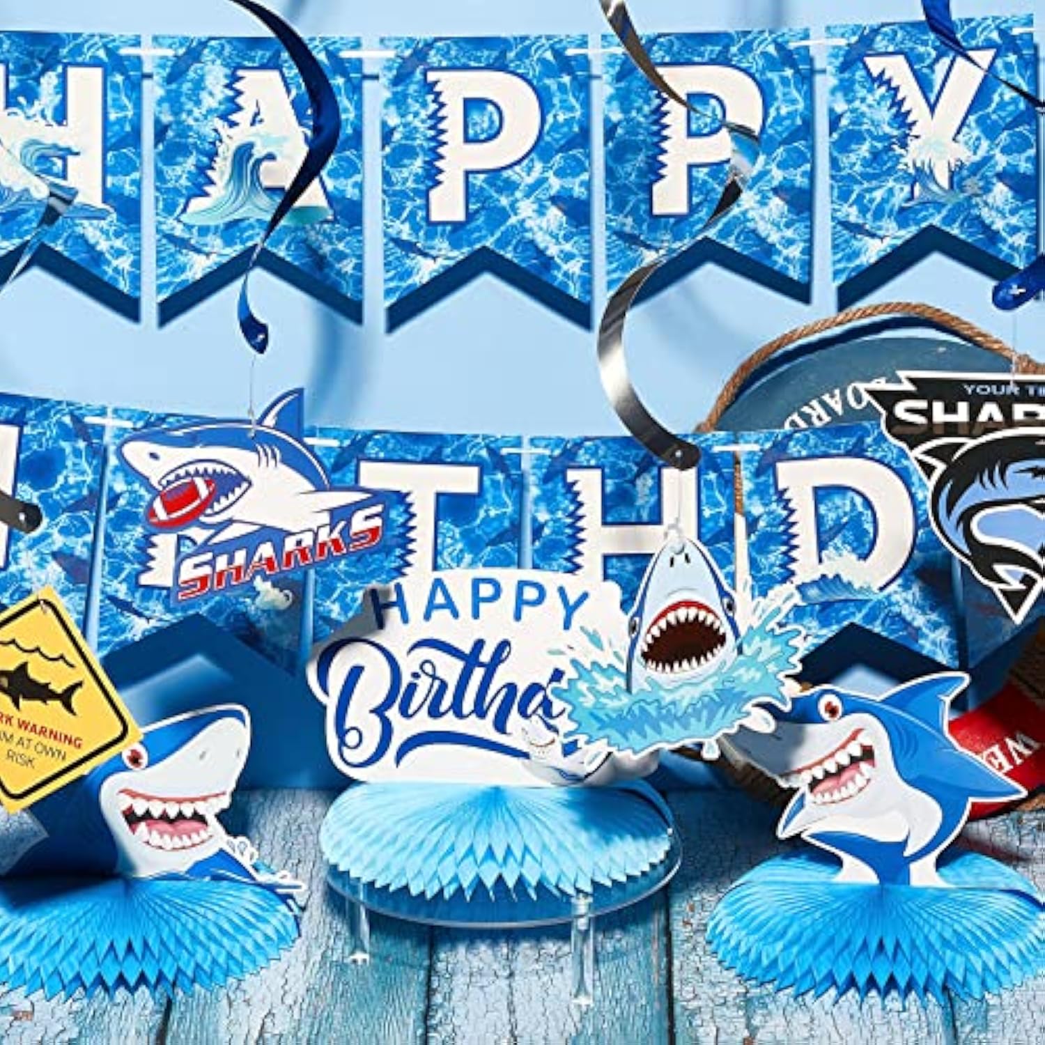 28 Pieces Shark Party Supplies Set Includes 12 Hanging Swirls Shark Happy Birthday Banner 12 Hanging Cutouts 3 Birthday Honeycomb Centerpiece For Party Decorations