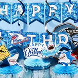 28 Pieces Shark Party Supplies Set Includes 12 Hanging Swirls Shark Happy Birthday Banner 12 Hanging Cutouts 3 Birthday Honeycomb Centerpiece For Party Decorations