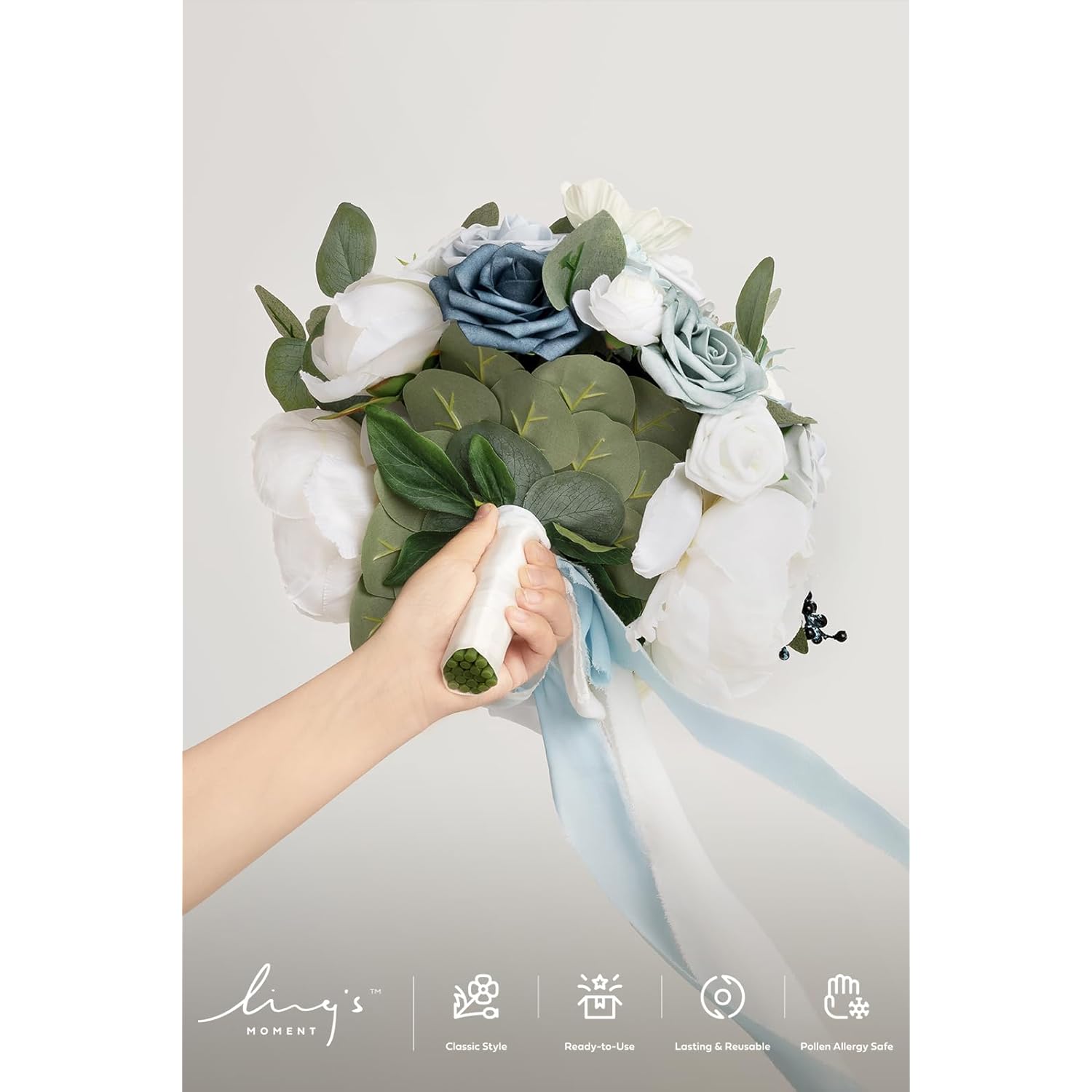 Dusty Blue Bridal Bouquet For Bride, Blue Wedding Bouquets For Bride, 13 Inch Silk Round Artificial Wedding Flowers Bouquets