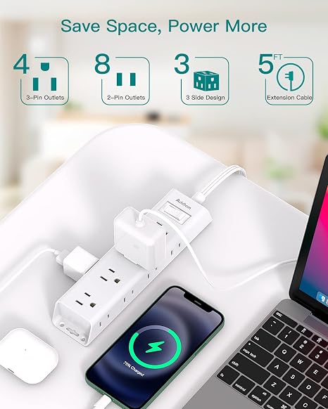 Flat Plug Power Strip with 12 Outlets 3 Sided 5FT Extension Cord 1050J Surge Protector