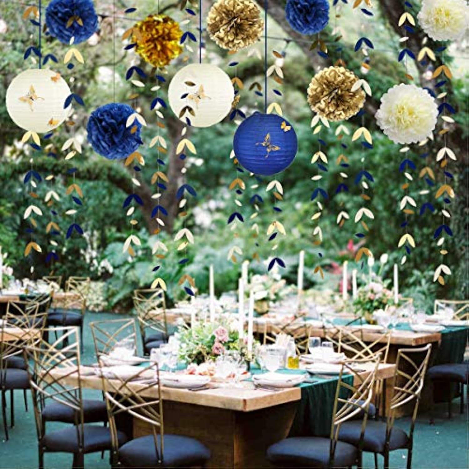 Hunter Green And Gold Hanging Tissue Lantern Flowers Pom Pom With 3D B