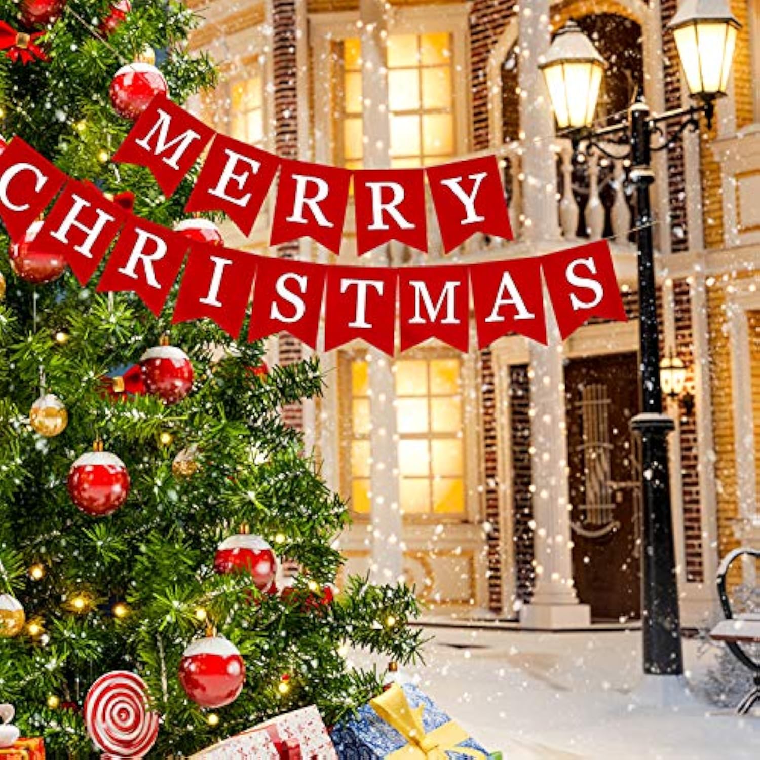 Merry Christmas Canvas Banners, Red Christmas Bunting Garland, Hanging Xmas Decorations For Fireplace Wall (13Ft In Total)