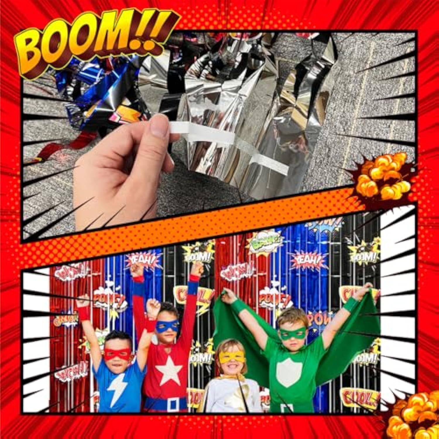 Hero Birthday Party Backdrops Decorations, 2 Pcs Red Blue Black Tinsel Foil Fringe Curtain Streamers Photo Booth Background For Hero Themed Party Decorations Supplies