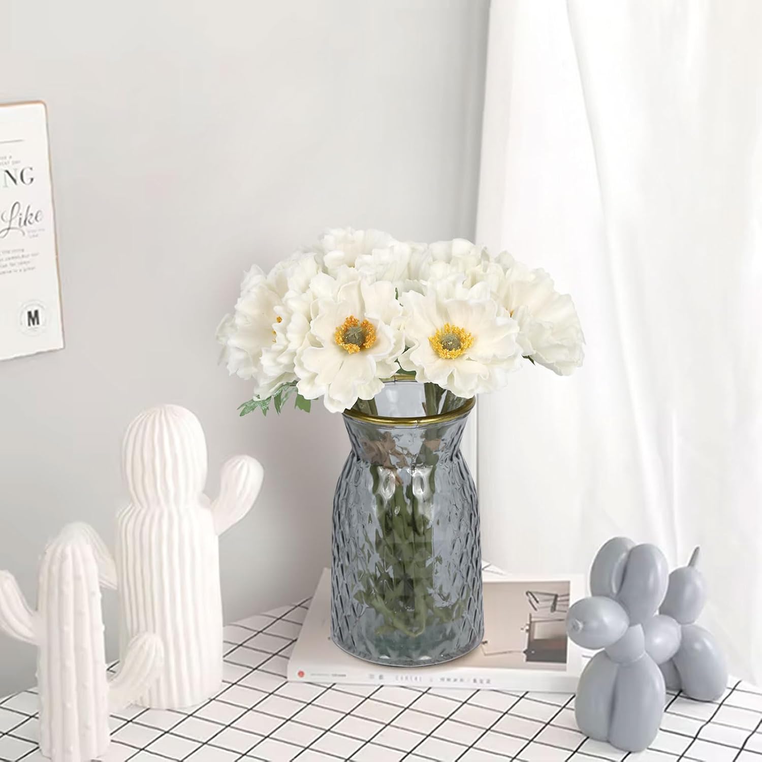 White Poppy Flowers Artificial 2 Bouquets Fake Poppies 10Pcs Real Touch Faux Poppy Flowers Stems For Wedding Party Office Home Decor(White)