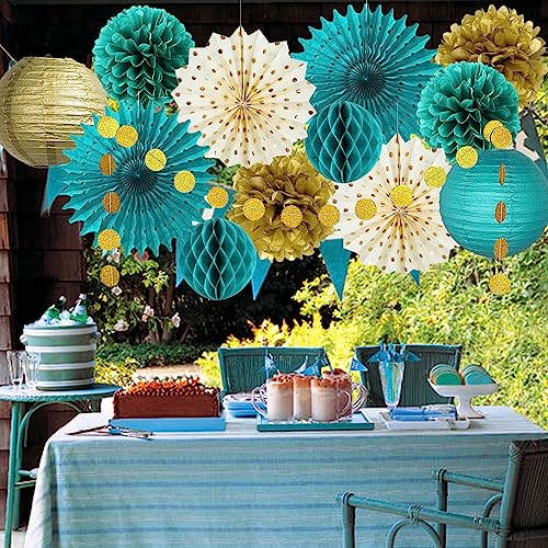 Teal Blue and Gold Party Decoration Tissue Pom Poms Flowers Hanging Paper Fans Lanterns Circle Dot Garland for Teal Gold Wedding Bridal Shower Engagement Women Birthday Turquoise Party Decorations