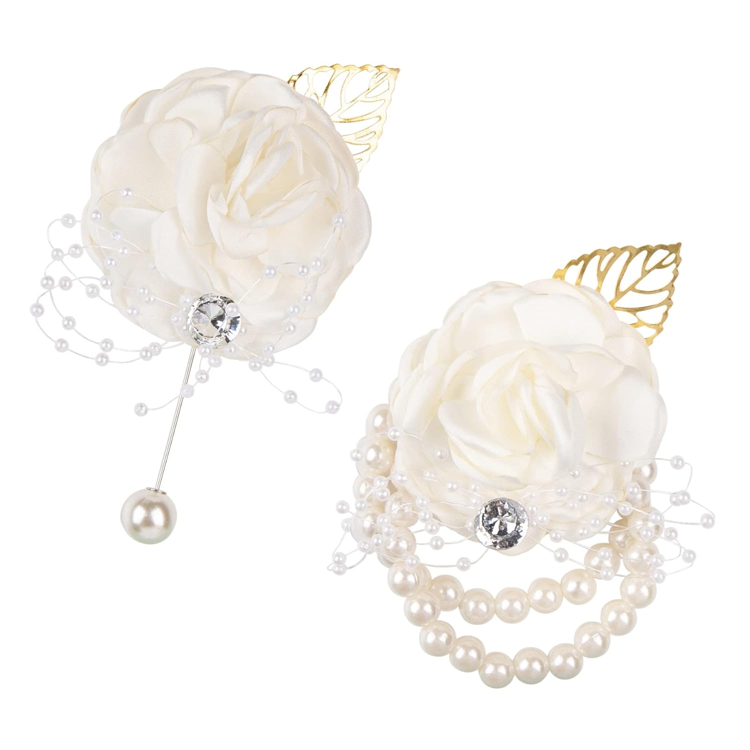 , 2 Pack White Rose Bridesmaid Wrist Flower Corsage Bride Silk With Artificial Gold Leaf Pearl Bead