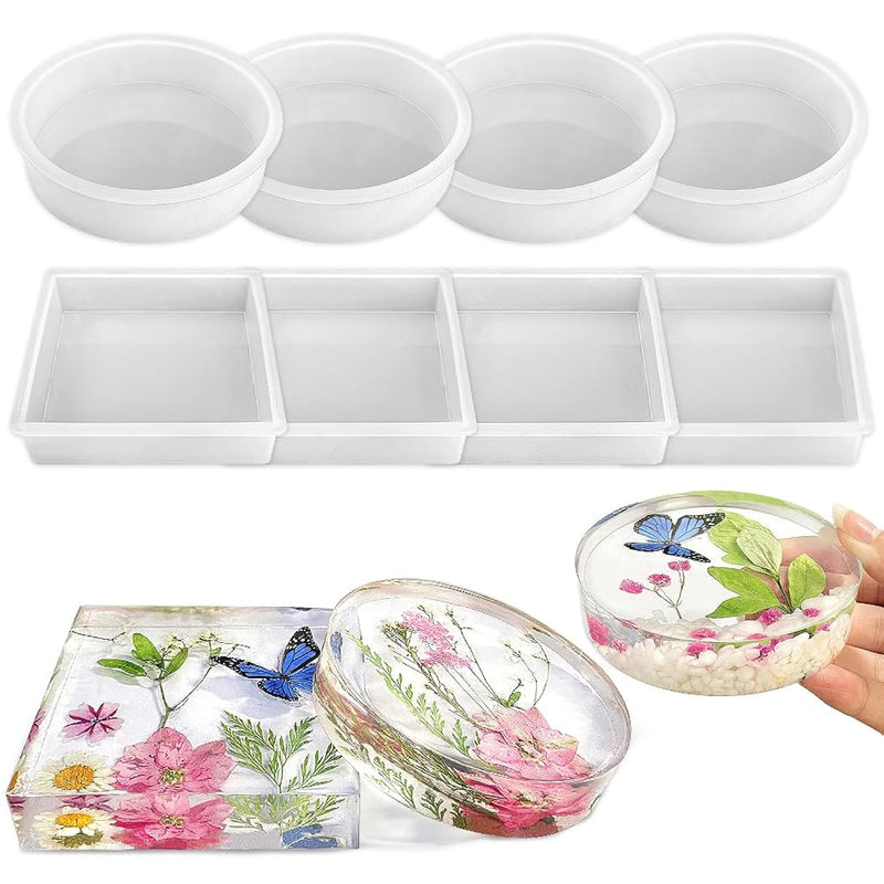 8 Pack Deep Coaster Molds, Square Round Coaster Resin Molds, Small Coaster Silicone Molds For Resin Casting, For Flower Bouquet Preservation