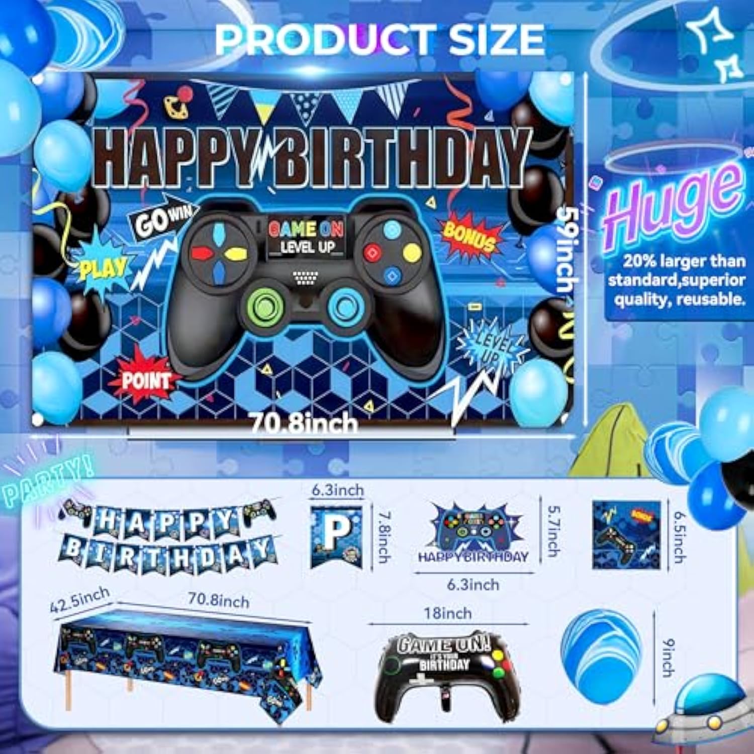 291Pcs Video Game Birthday Decorations For Serves 20 Guests, Gamer Birthday Party Supplies Include Banner, Backdrop, Balloons, Plates, Cake Toppers, Video Game Theme Party Decoration For Kids
