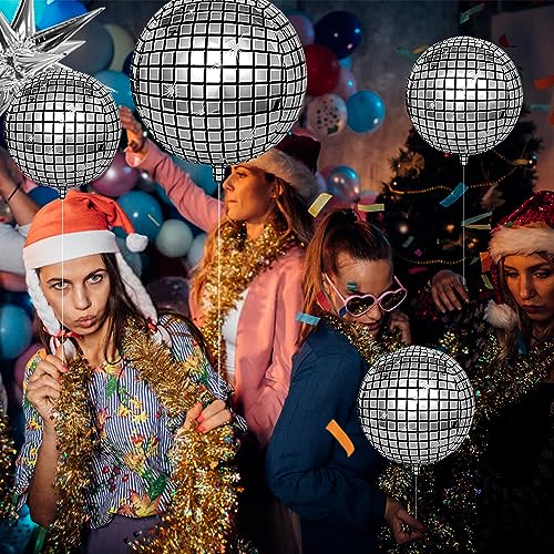 24 Disco Ball Balloons With 3 foil fringe curtains, Huge Silver Explosion Star Aluminum Foil Balloons for Birthday Silver Party 70s 80s 90s Theme Disco Party Decorations Supplies