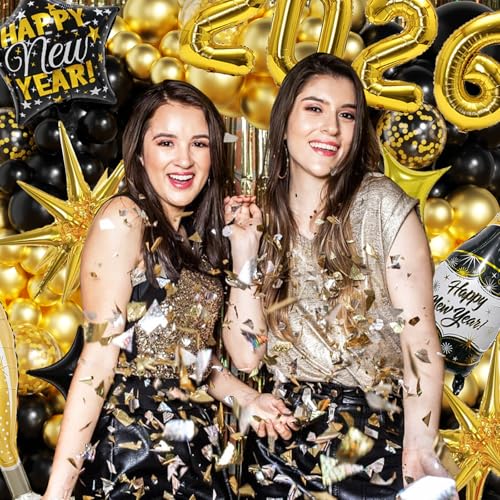 New Years Decorations 2026, New Year Balloon Arch with Black Gold Confetti Balloons 2026 Number Balloons New Year Banner for Eve Party Supplies Nye Decorations