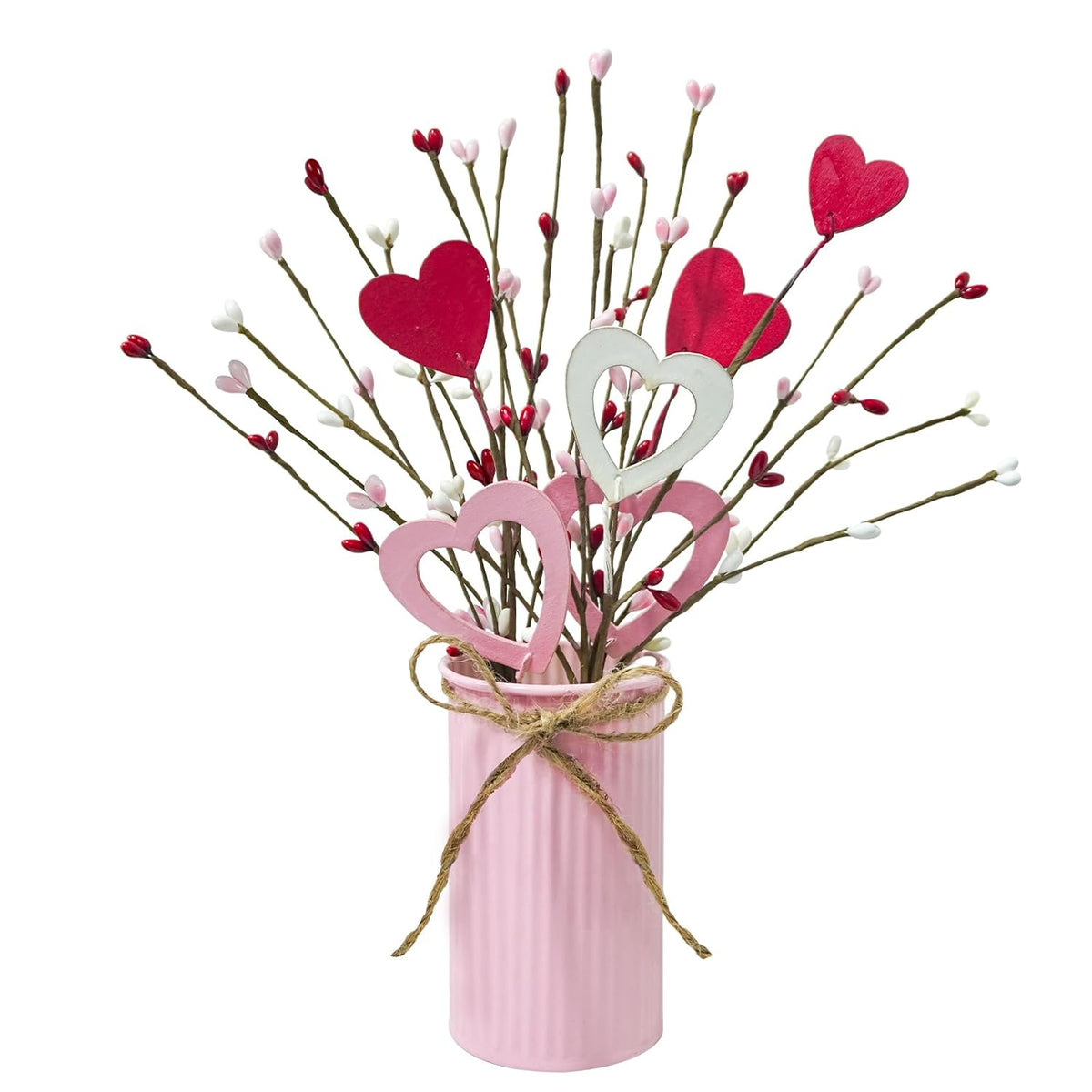 Valentines Day Decor Valentine Flowers Picks With Vase Valentines Day Artificial Berry Stems In Pink Metal Pot For Anniversary Wedding Table Centerpieces