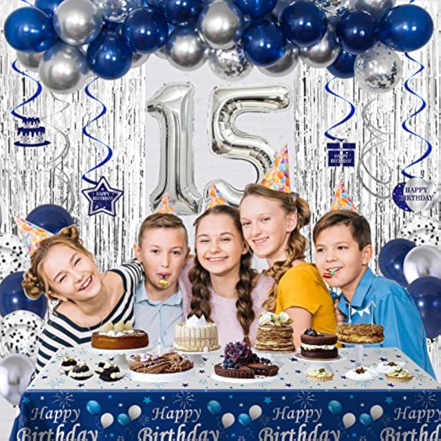 15Th Birthday Decorations For Boys And Girls Blue Silver, Happy 15Th Birthday Decorations Banner Birthday Balloons Number 15 Tablecloth Fringe Curtains Hanging Swirls, 15 Years Old Bday Party Supplies