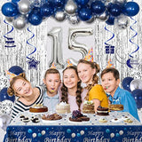 15Th Birthday Decorations For Boys And Girls Blue Silver, Happy 15Th Birthday Decorations Banner Birthday Balloons Number 15 Tablecloth Fringe Curtains Hanging Swirls, 15 Years Old Bday Party Supplies