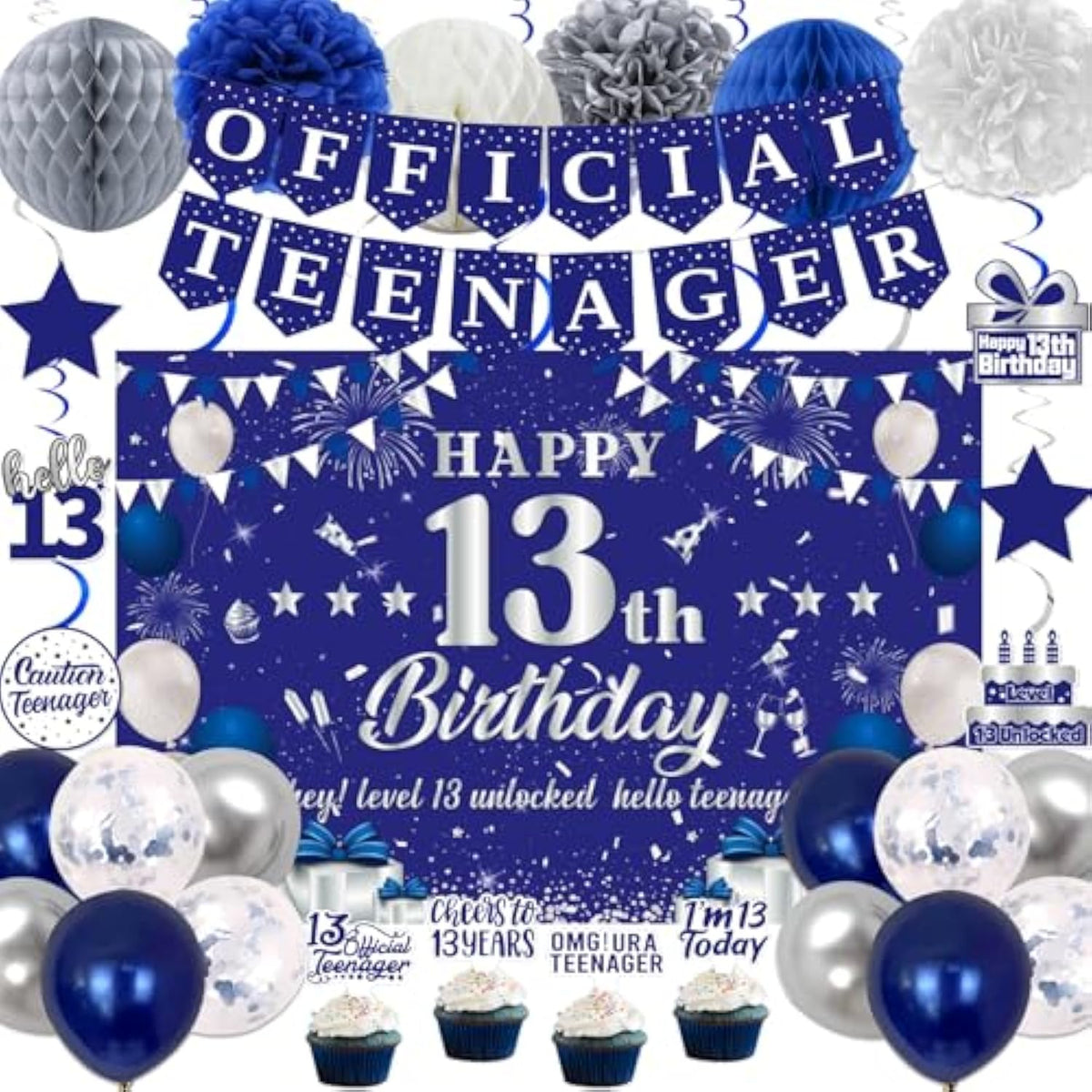 Blue & Silver 13th Birthday Decoration Set: Banner, Balloons, Cake Toppers