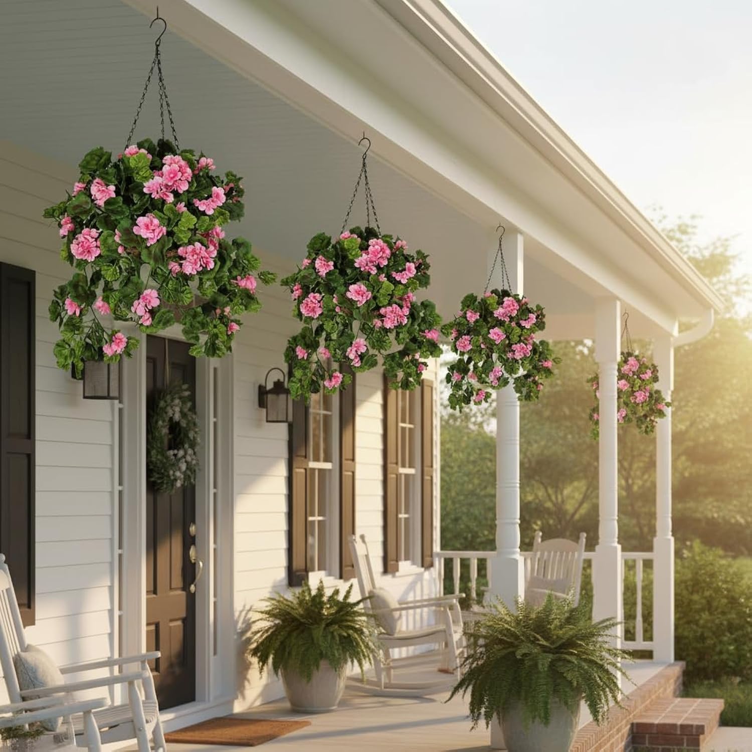 2 Set Artificial Flowers Hanging Baskets For Outdoor Indoor Spring Decoration,15" X 30" X15", Fake Silk Pink Geraniums In 9" Baskets Arrangements For Patio, Balcony, Yard Decor