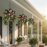 2 Set Artificial Flowers Hanging Baskets For Outdoor Indoor Spring Decoration,15" X 30" X15", Fake Silk Pink Geraniums In 9" Baskets Arrangements For Patio, Balcony, Yard Decor