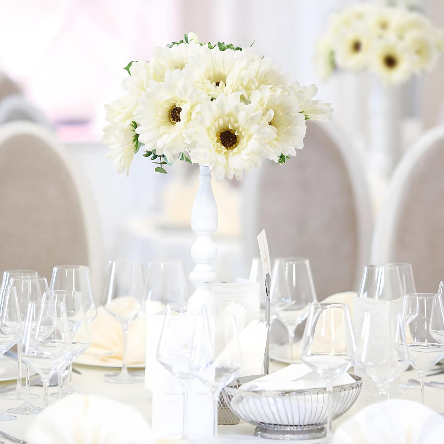 Artificial African Daisies Flowers 15 Pcs Faux Gerbera Daisies Artificial Flowers For Wedding Bridal Bouquet Party Home Kitchen Decor (White)