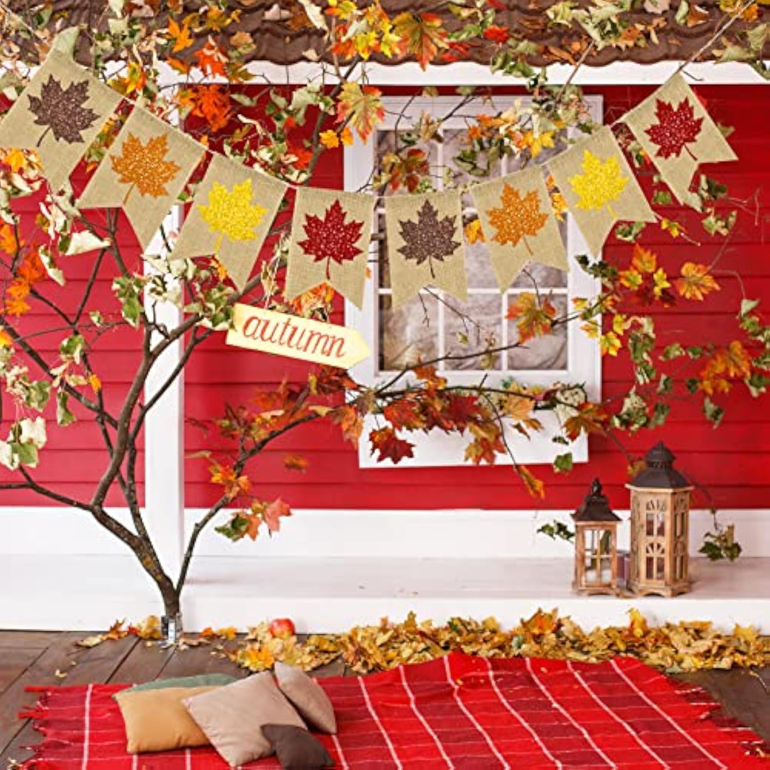 Fall Burlap Banner Glitter Maple Leaf Banner Pre-Assembled Rustic Bunting Garland Hanging Decorations For Autumn Thanksgiving Day Party Decoration Home Baby Shower Birthday Supplies