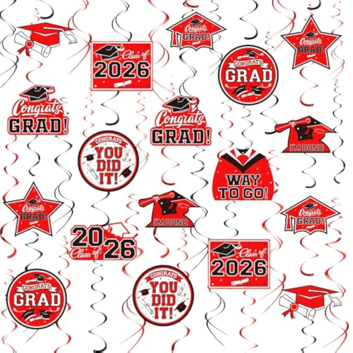 31 Pieces Graduation Decorations Class Of 2026, Graduation Hanging Swirl Congrats Grad And Graduation Party Decorations(Red, Black)