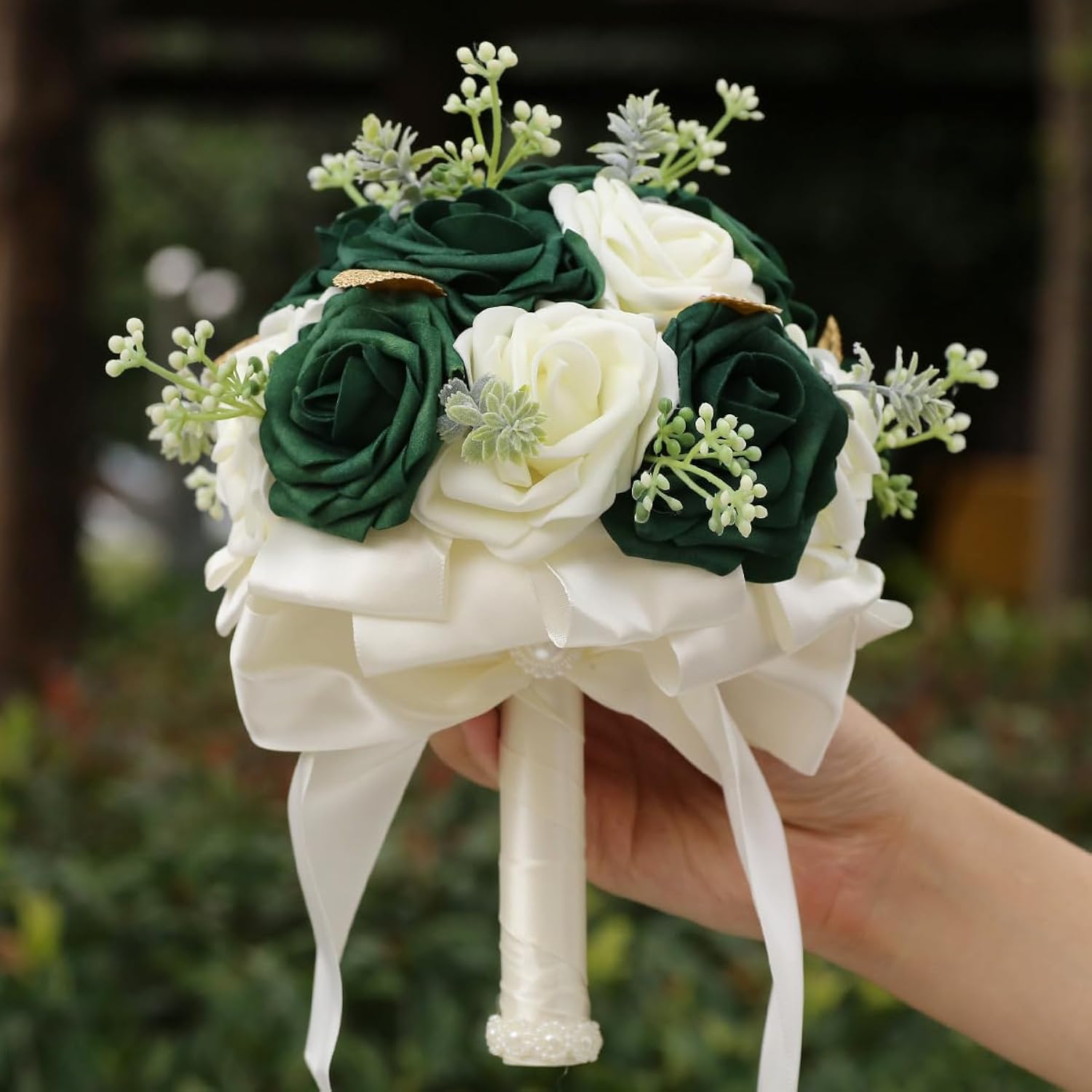 Round Green Artificial Pe Rose Bouquet With Pearls For Bridal Toss And Bridesmaids Suit For Wedding Party