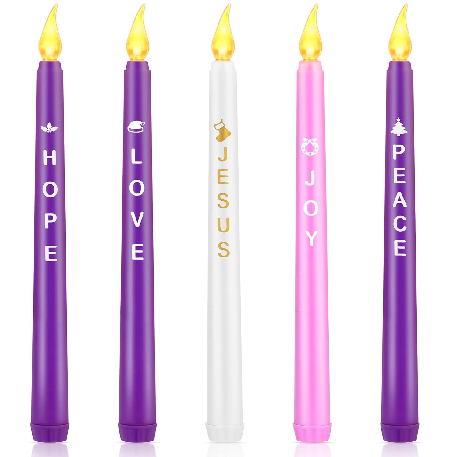 5 Pack Led Advent Candles With Words Hope Peace Love Joy Jesus - Flameless Taper Candles For Christmas Wreath Celebration Decor, Pink, Purple, White