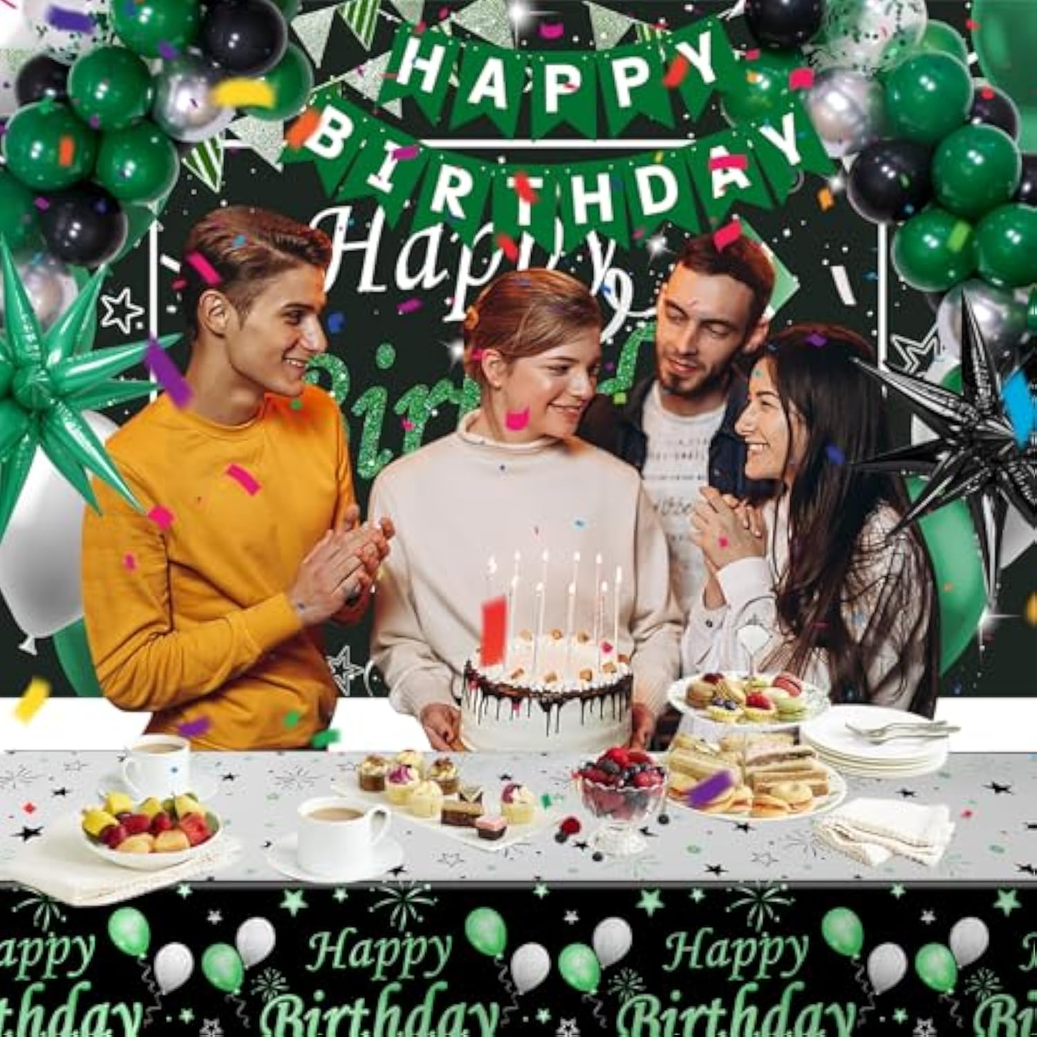Green And Black Birthday Decorations For Men Women, Black And Green Party Decorations For Boys Girls Happy Birthday Banner Backdrop With Confetti Star Balloons Arch Tablecloth Bday Party Supplies