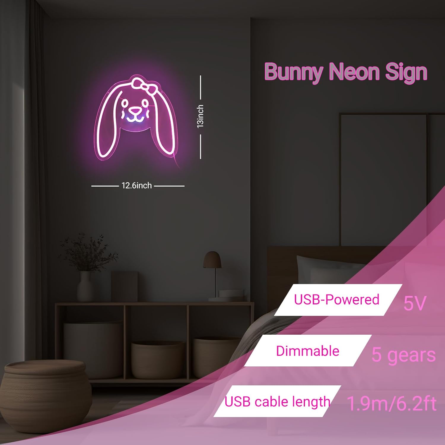 Bunny Neon Sign, Bunny Led Sign For Wall Decor, Birthday Gifts, Bedroom Home Decorations, 13" X 12.6", Dimmable, Usb Powered, Pink