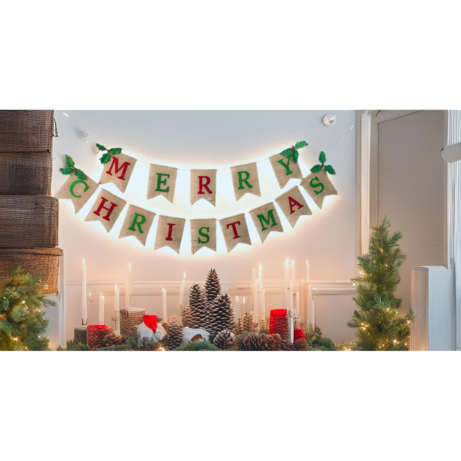 10Ft Merry Christmas Burlap Banner Natural Burlap Christmas Decorations Banner With Holly Leaves Christmas Bunting Garland For Xmas Party Home Fireplace Indoor Outdoor Holiday Decor