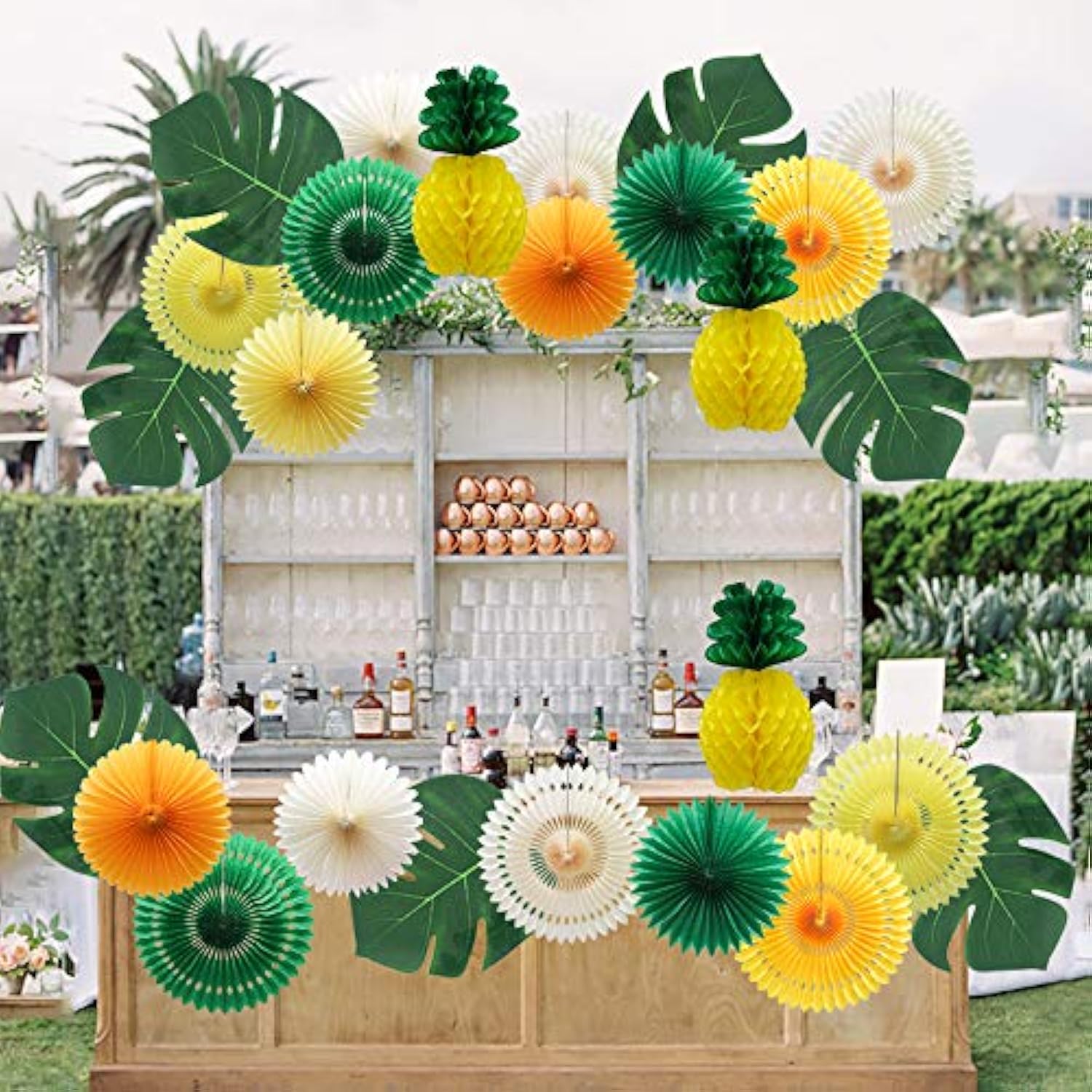 Summer Pineapple Party Decoration, Hawaiian Party Supplies Tropical Palm Leaves Honeycomb Pineapple Hanging Paper Fans For Adults Kids Birthday Baby Shower Bachelorette (Yellow)